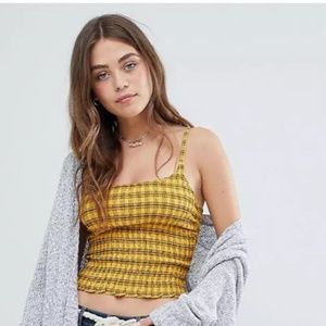 Hollister | Smocked Cropped Cami, Yellow/Black Plaid